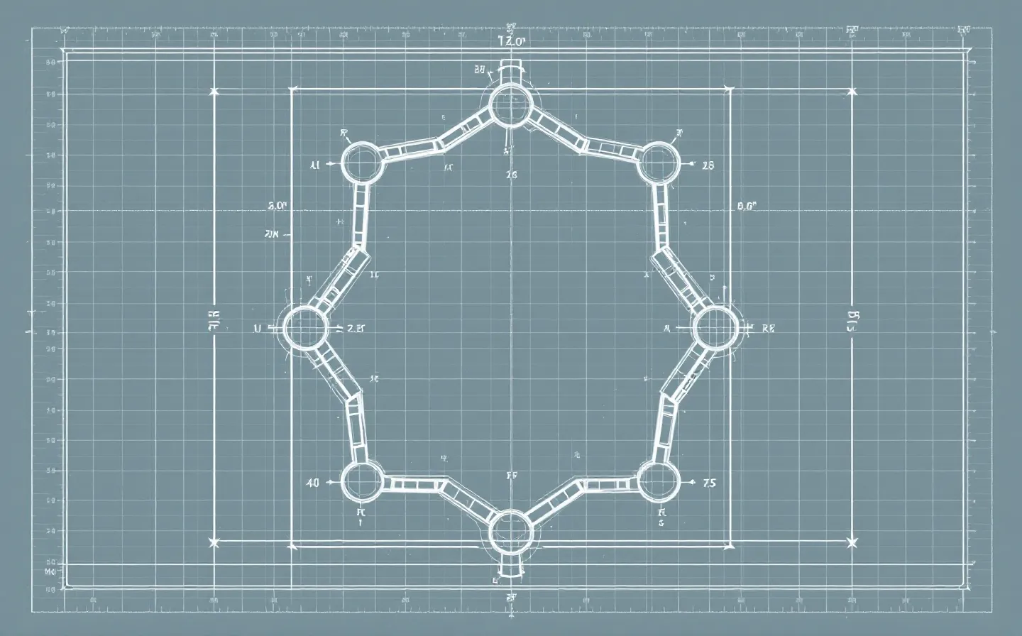 Blueprint-style drafting illustration of a cyclic heptapeptide ring with a lactam bridge